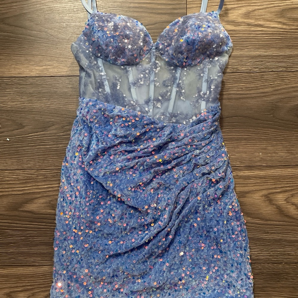 Elegant Blue Sequin High Low Dress